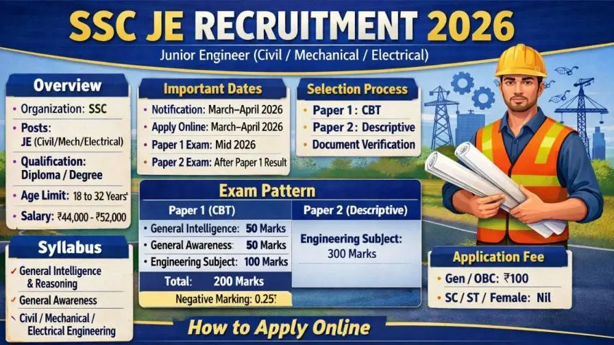 SSC JE Recruitment 2026 Notification Soon Junior Engineer Vacancies, Apply Online, Check Exam Date